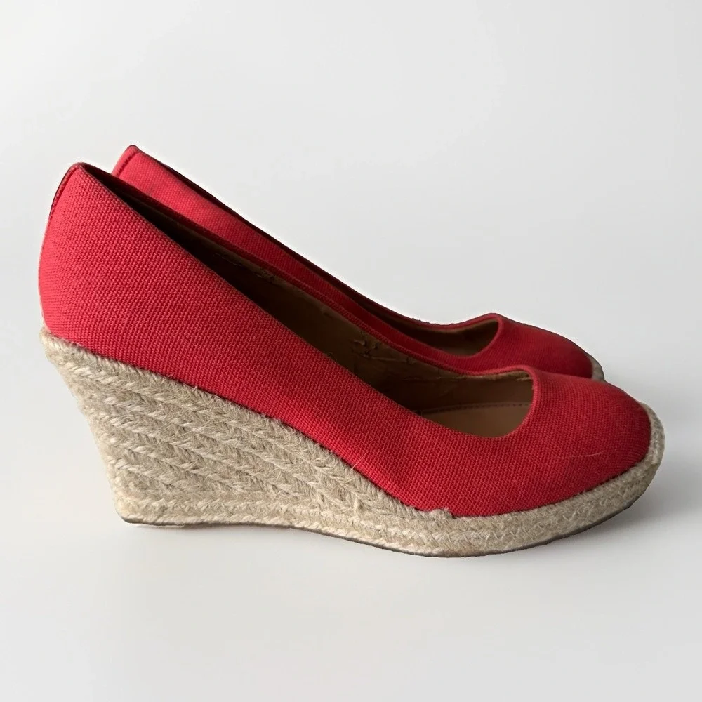 J Crew Seville Espadrille Wedges Red Canvas High Heel Pumps 8 Summer